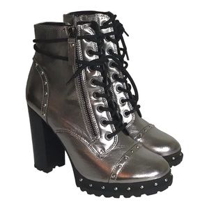 ALDO Silver Metallic Lace Up Military Leather Ankle Boots Isidro Sz 6/36 EU EUC
